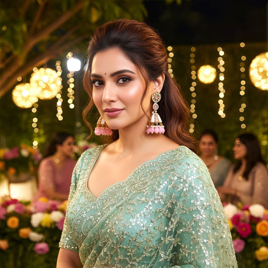 Pink Kundan Jhumki Earrings