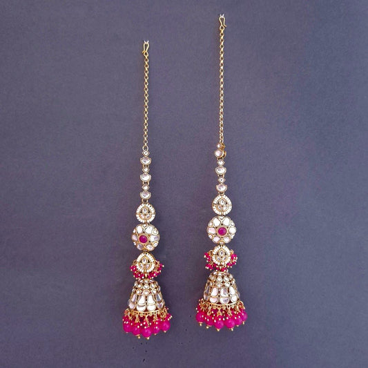 Pink Kundan Sahara Earchain Jhumki Earrings