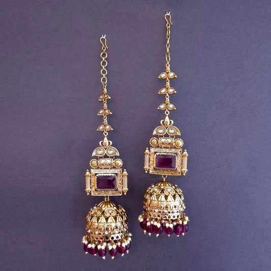 Wine Kundan Sahara Earchain Jhumki Earrings