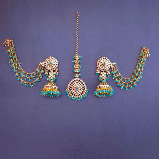 Turquoise Blue Kundan MaangTikka Set