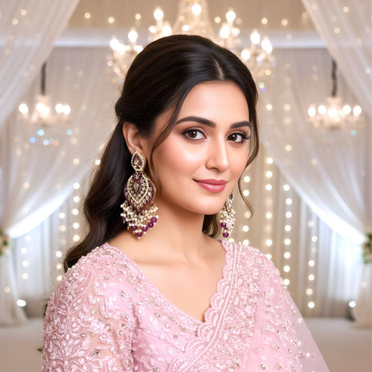 Wine Kundan Chandbali Earrings