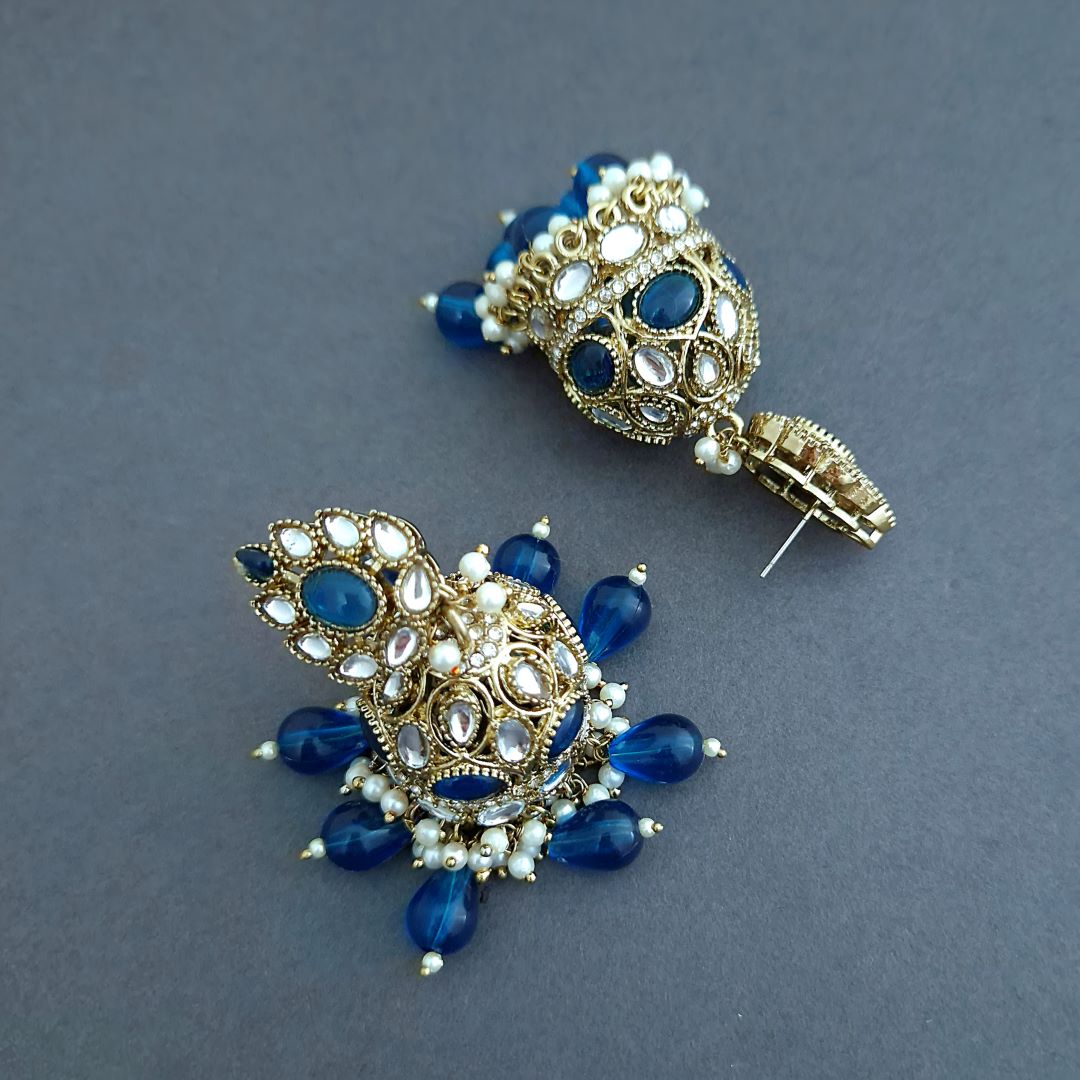 Blue Kundan Jhumki Earrings