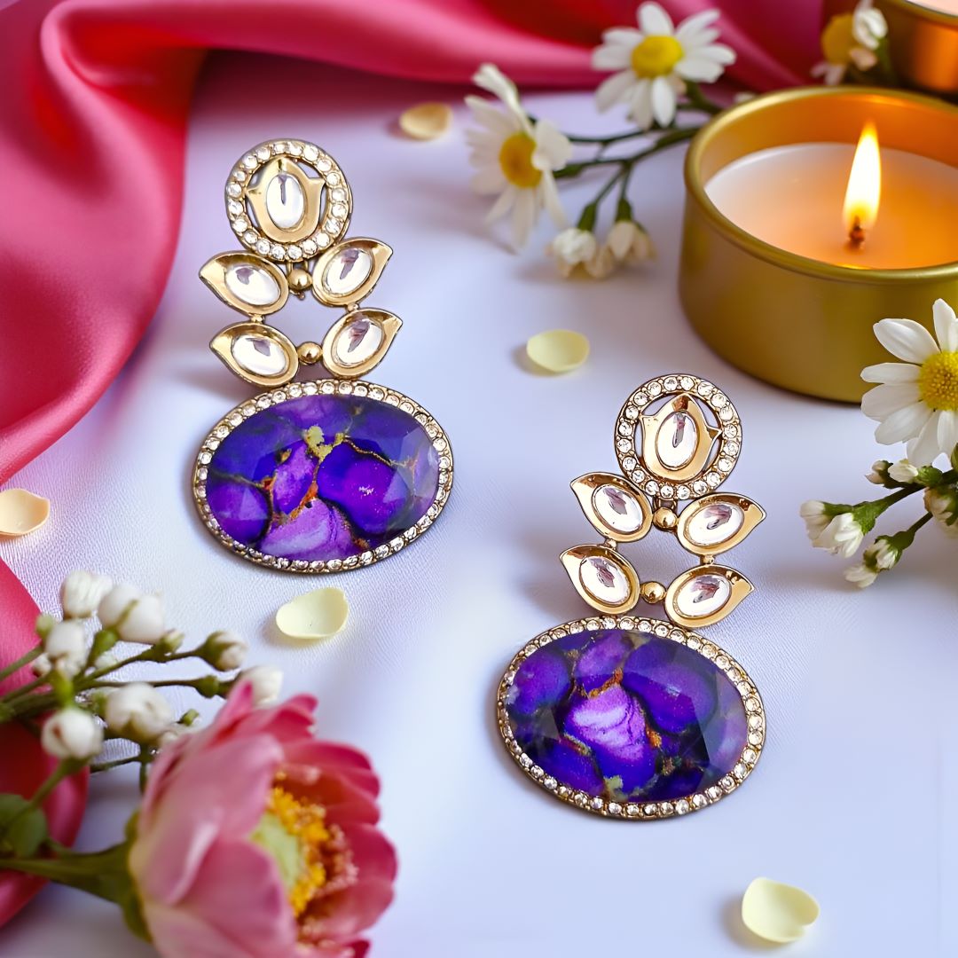 Purple Danglers, Purple Kundan Earrings, Stone Earrings