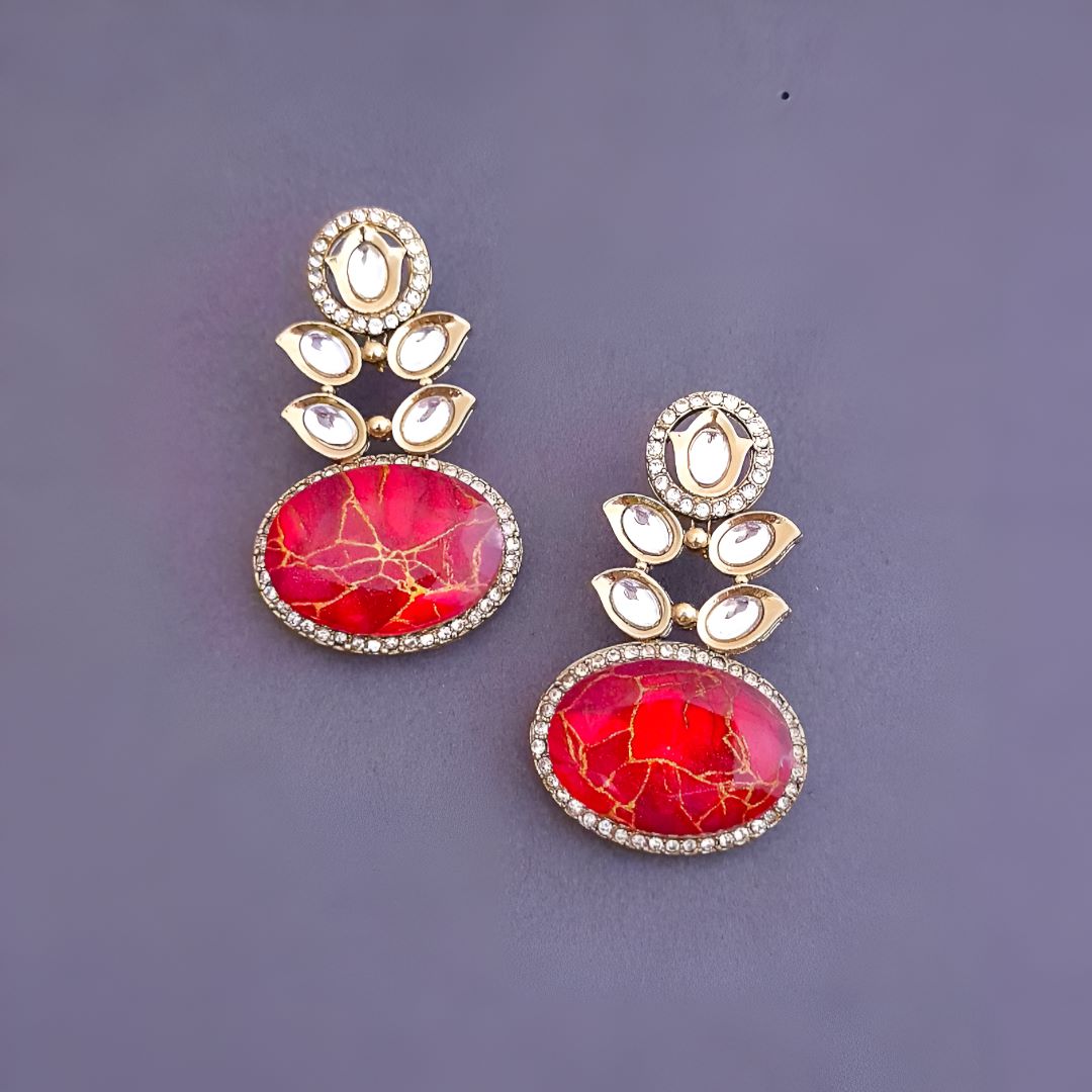  Orange Dangler Earrings, Orange Kundan Earrings, Drop Earrings