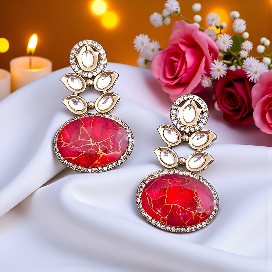   Orange Danglers, Orange Kundan Earrings, Stone Earrings