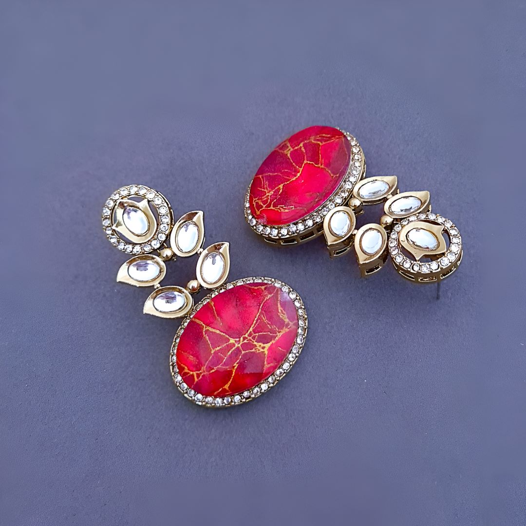  Orange Dangler Earrings, Orange Kundan Earrings, Drop Earrings