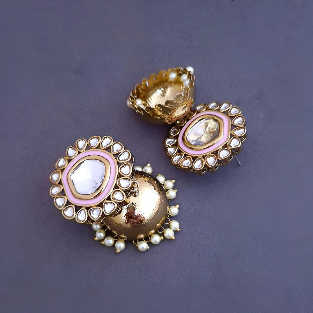Pink Kundan Jhumki Earrings
