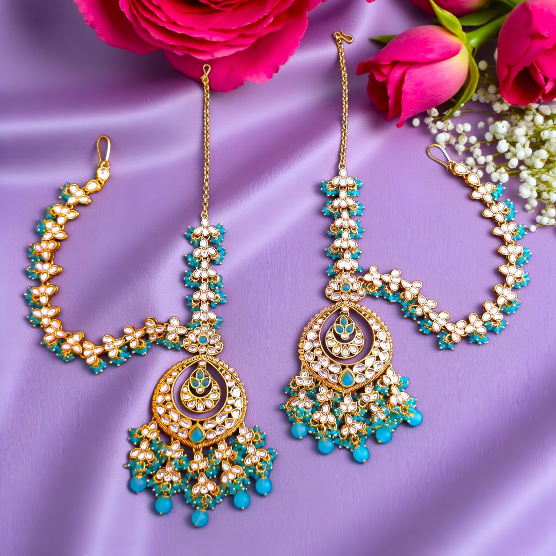 Turquoise Blue Kundan Sahara Earchain Chandbali Earrings