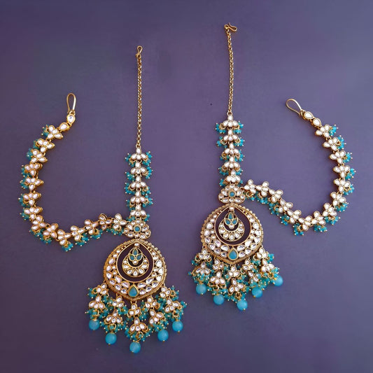 Turquoise Blue Kundan Sahara Earchain Chandbali Earrings