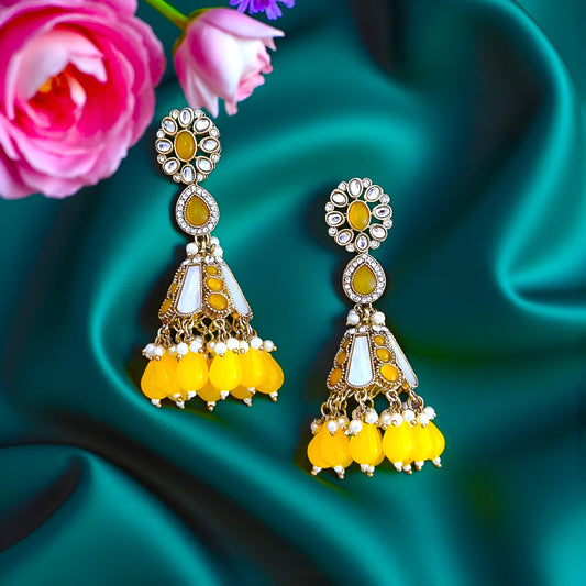 Yellow Kundan Jhumki Earrings