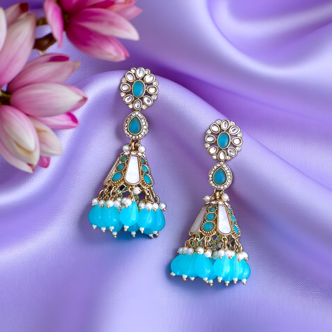 Turquoise blue Kundan Jhumki Earrings