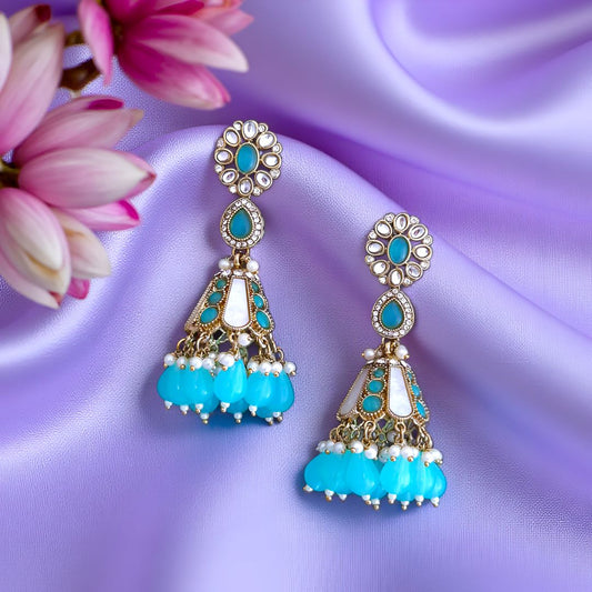 Turquoise blue Kundan Jhumki Earrings