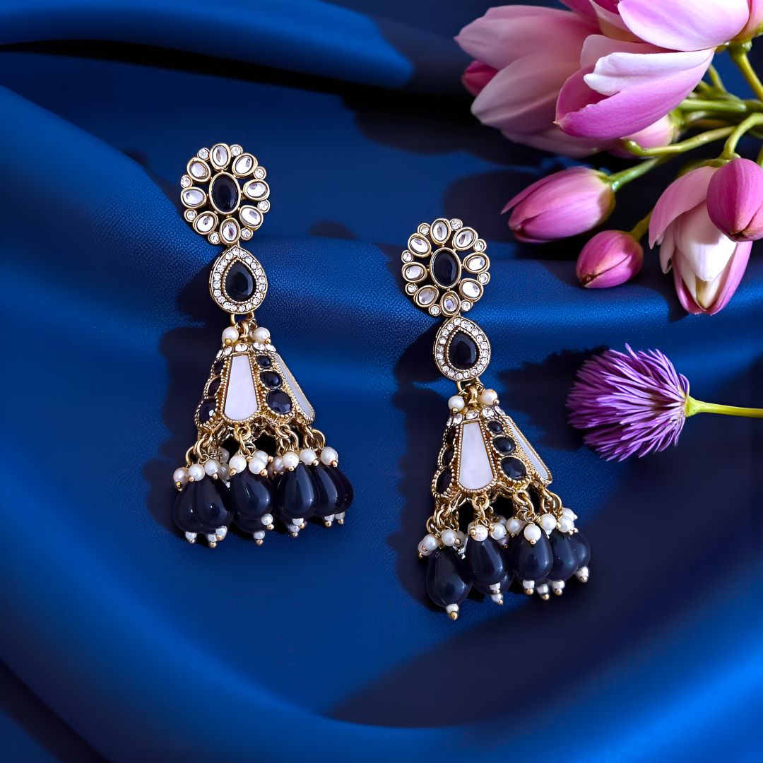 Black Kundan Jhumki Earrings