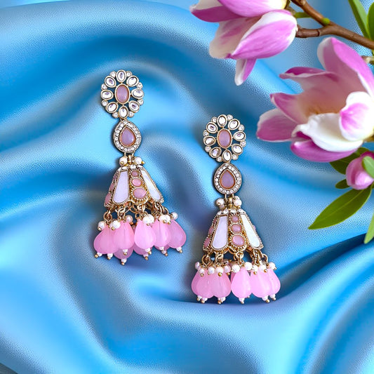 Pink Kundan Jhumki Earrings