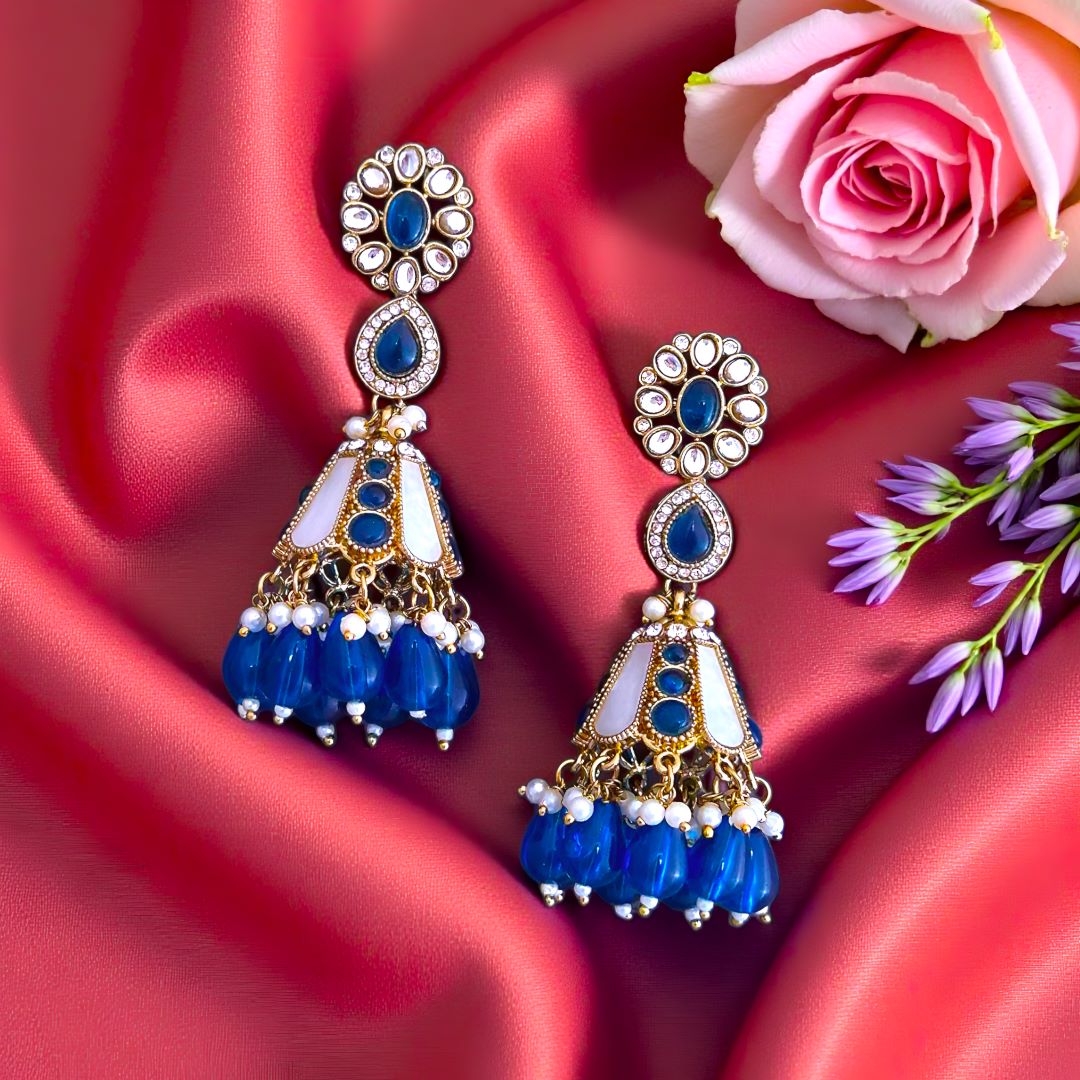 Navy Blue Kundan Jhumki Earrings.
