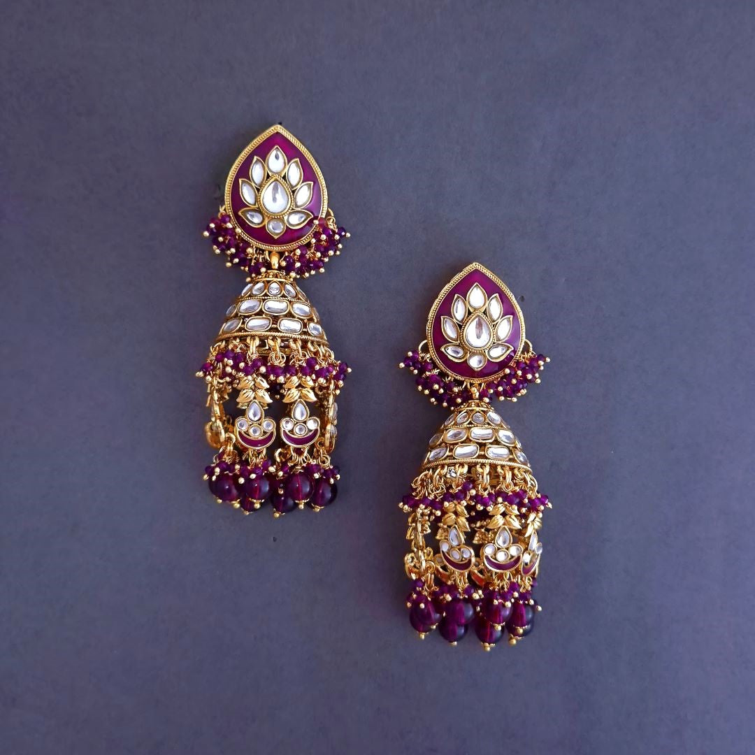 Purple Kundan Jhumki Earrings