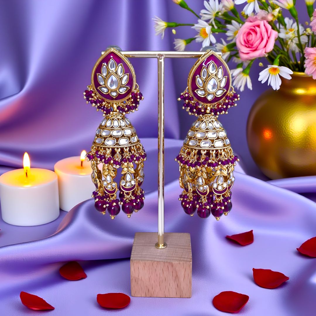 Purple Kundan Jhumki Earrings