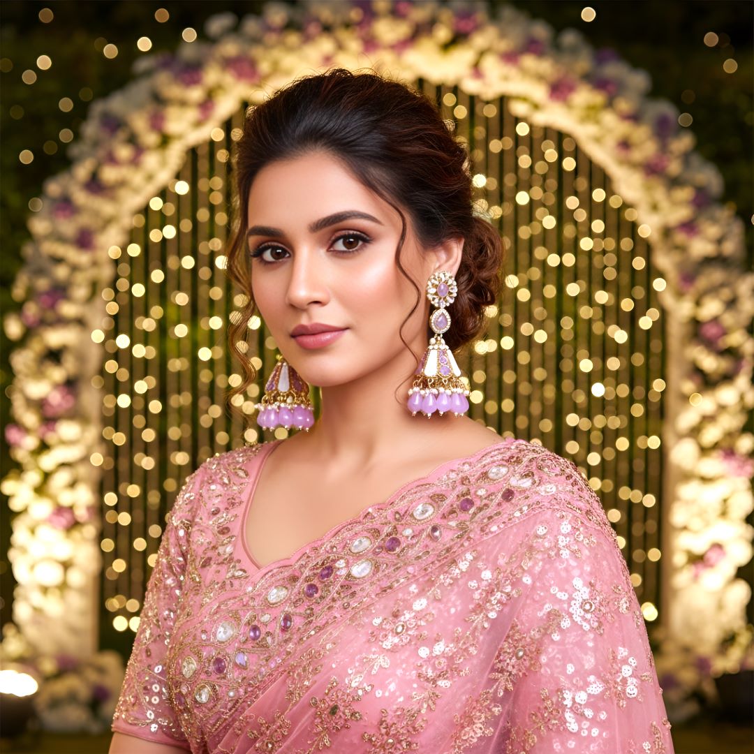 Lilac Kundan Jhumki Earrings