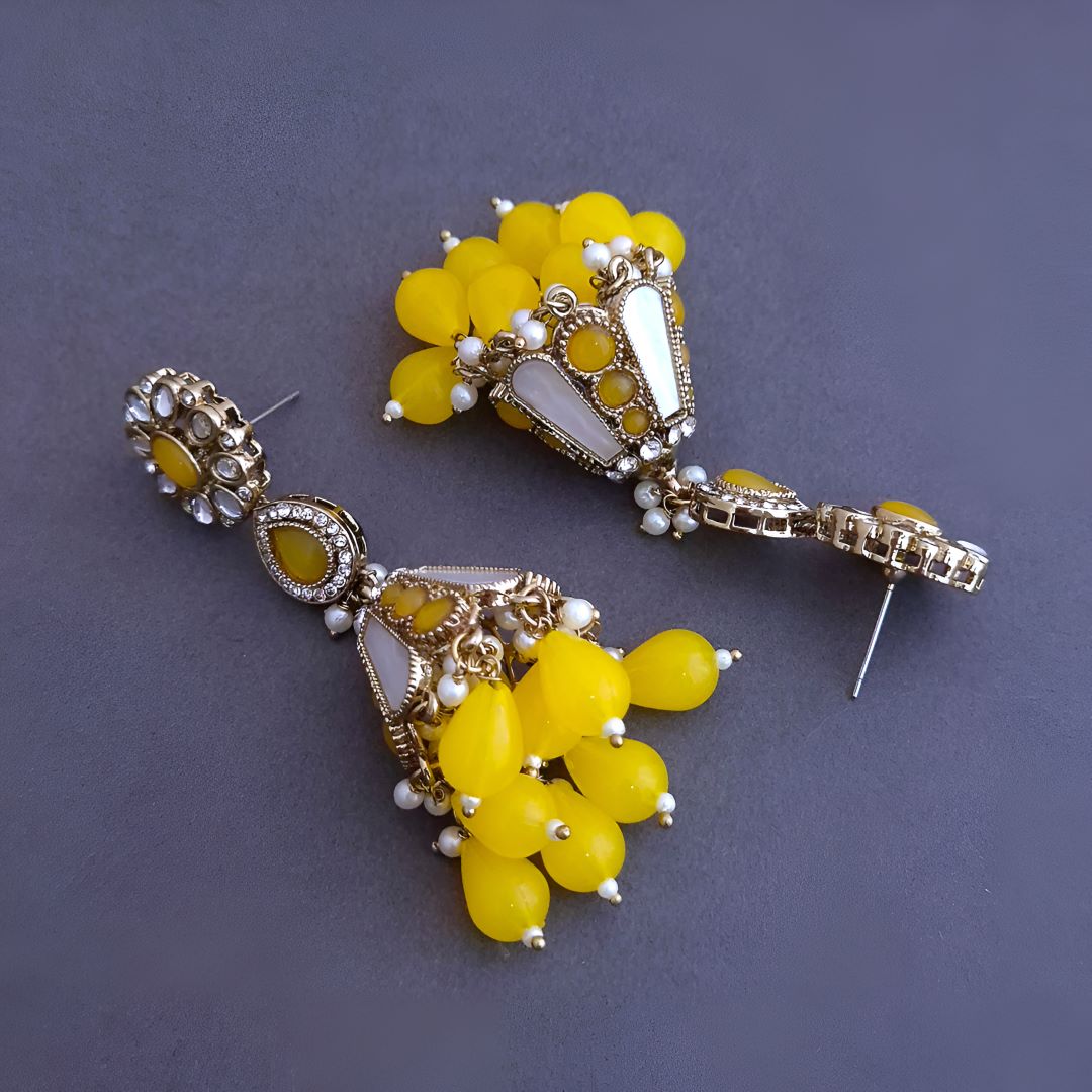 Yellow Kundan Jhumki Earrings