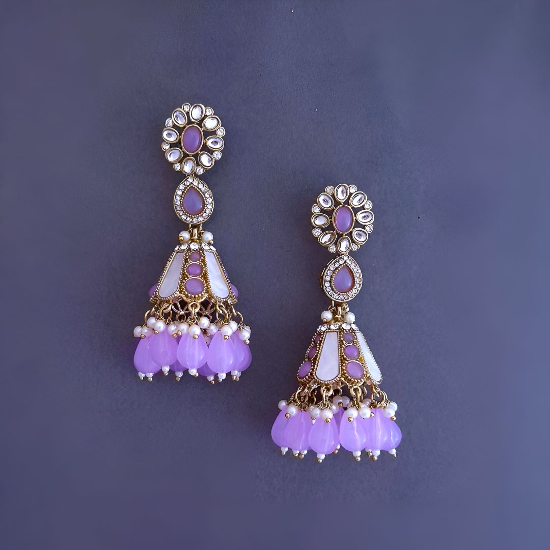 Lilac Kundan Jhumki Earrings