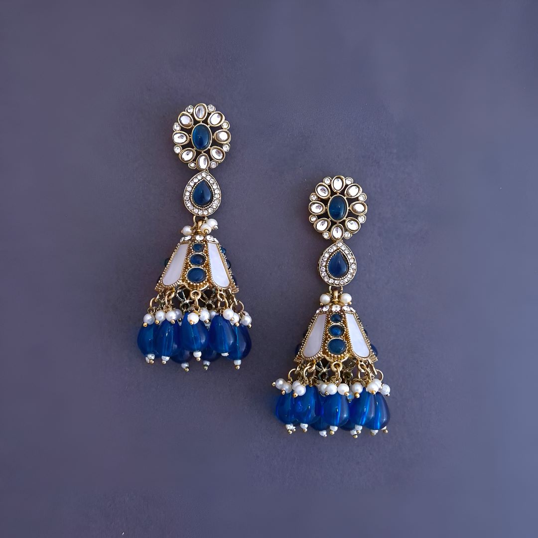 Navy Blue Kundan Jhumki Earrings