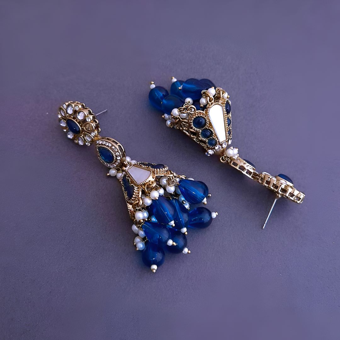 Navy Blue Kundan Jhumki Earrings