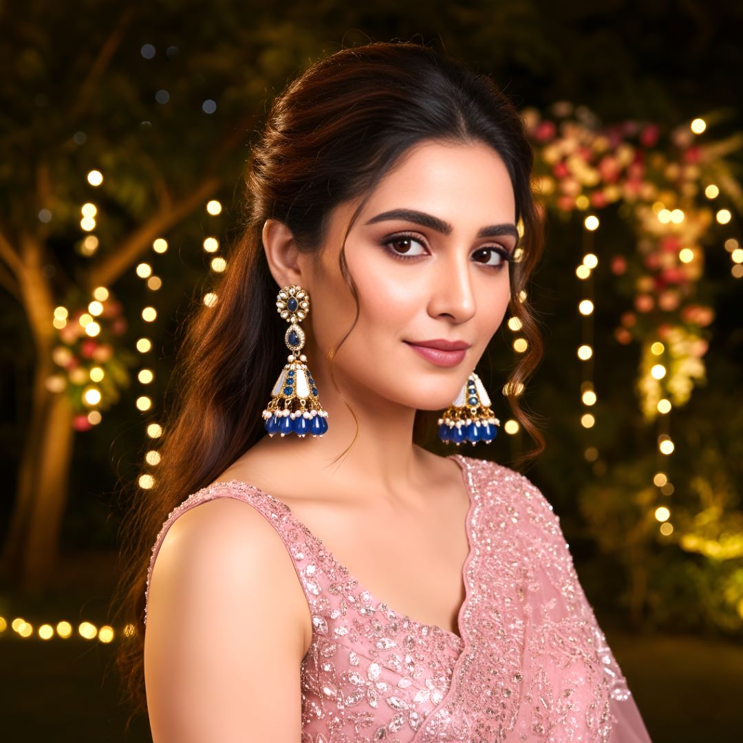 Navy Blue Kundan Jhumki Earrings