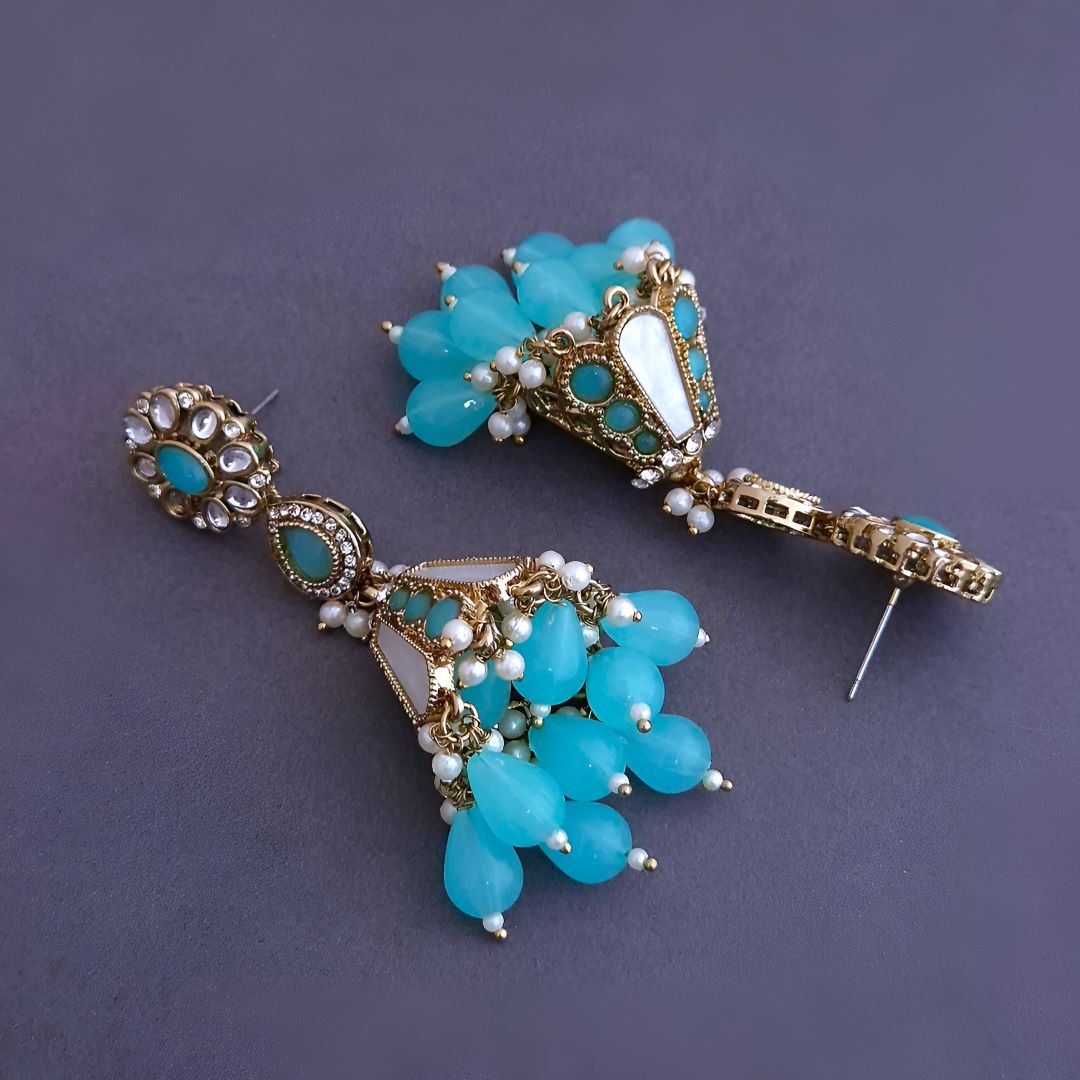 Turquoise blue Kundan Jhumki Earrings