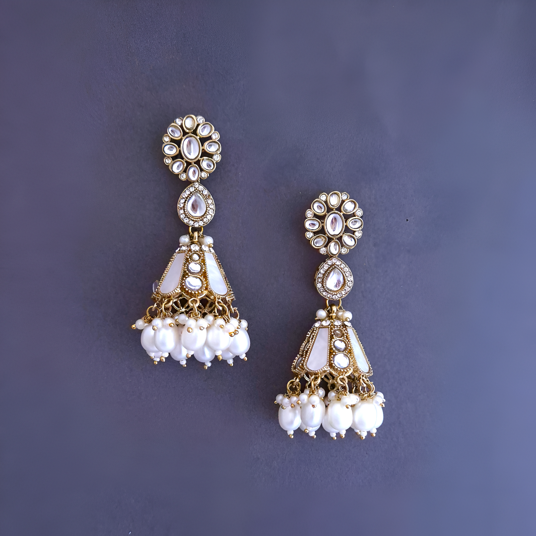 White Kundan Jhumki Earrings