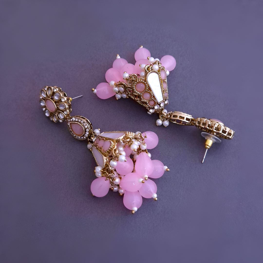 Pink Kundan Jhumki Earrings