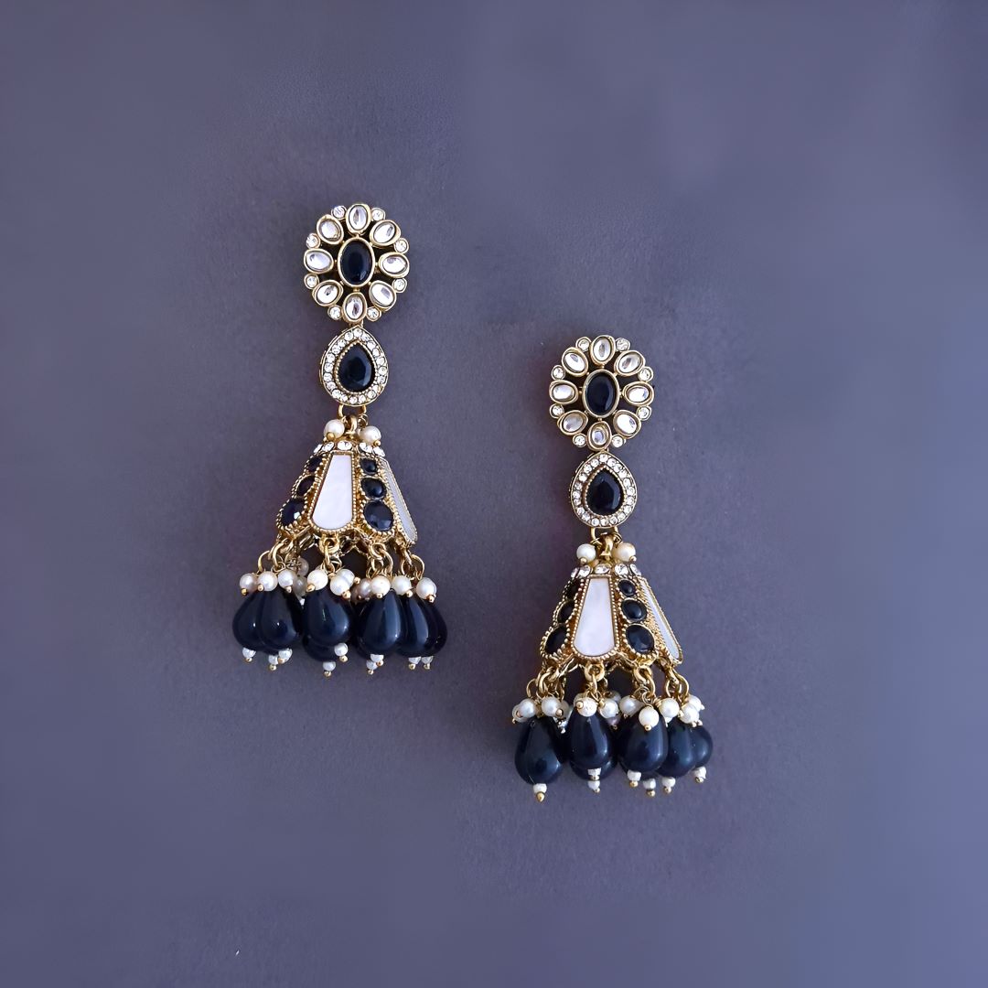 Black Kundan Jhumki Earrings