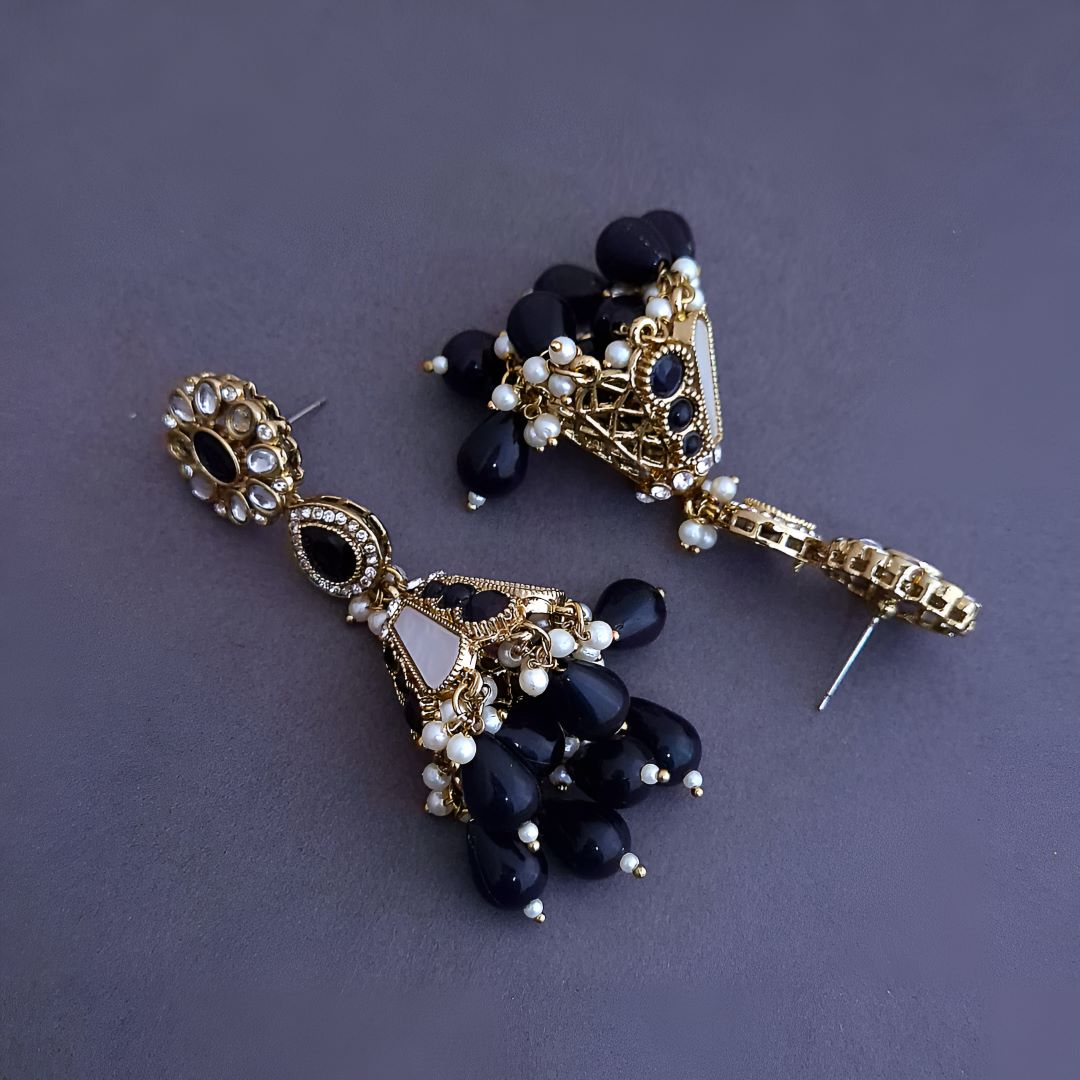 Black Kundan Jhumki Earrings