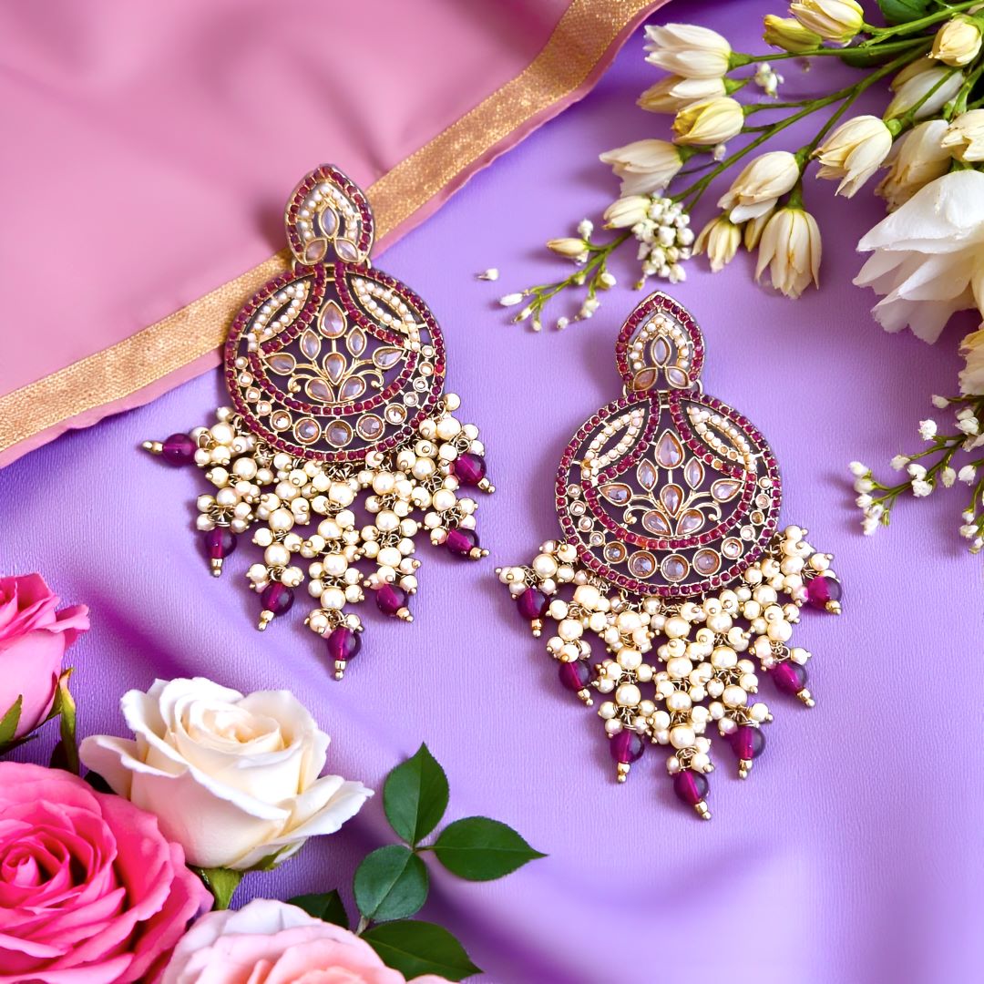 Wine Kundan Chandbali Earrings