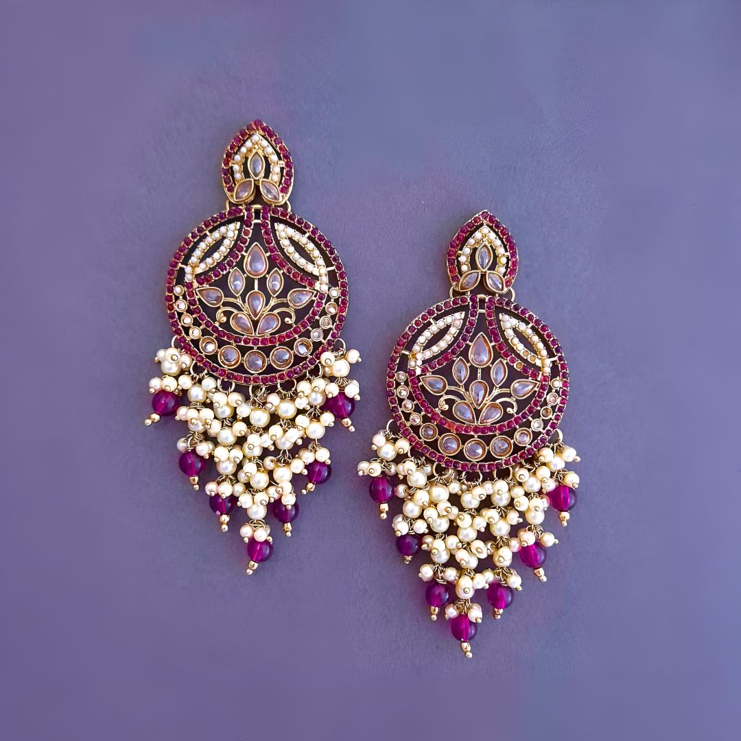 Wine Kundan Chandbali Earrings