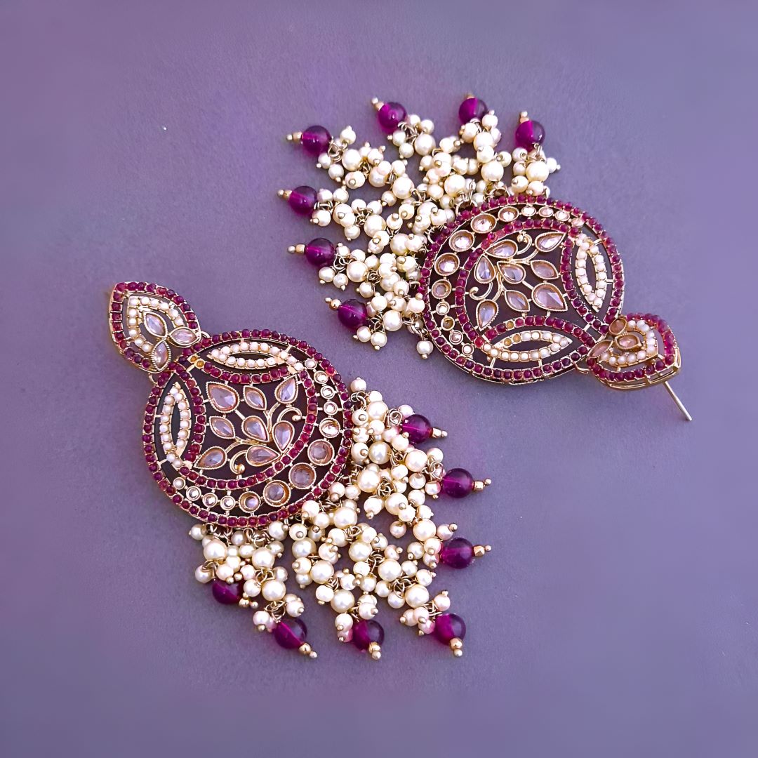 Wine Kundan Chandbali Earrings
