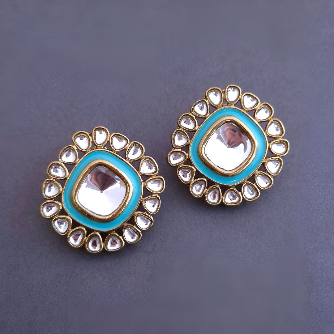 Turquoise Blue Kundan Stud Earrings