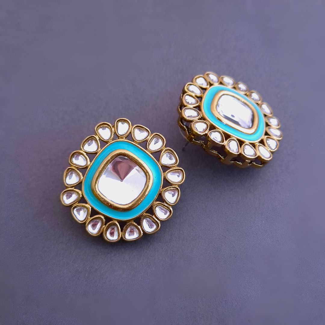 Turquoise Blue Kundan Stud Earrings