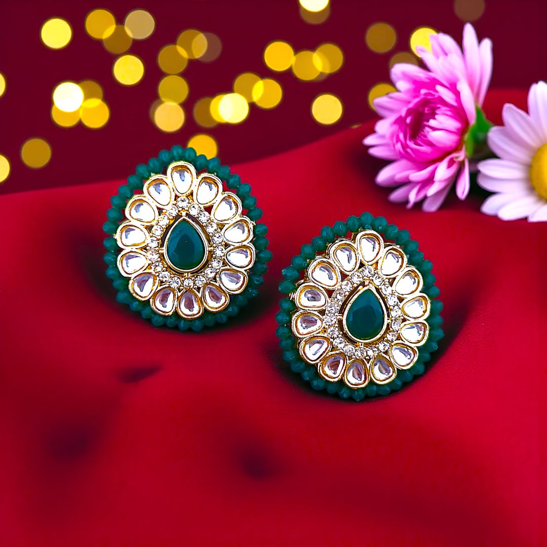 Emerald Green Kundan Stud Earrings