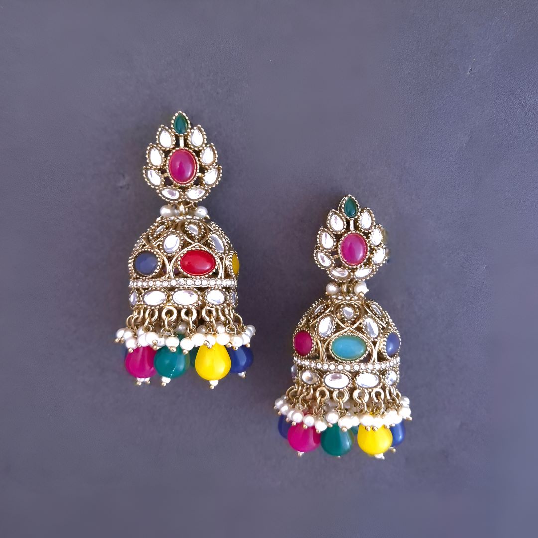 Multicolor Kundan Jhumki Earrings