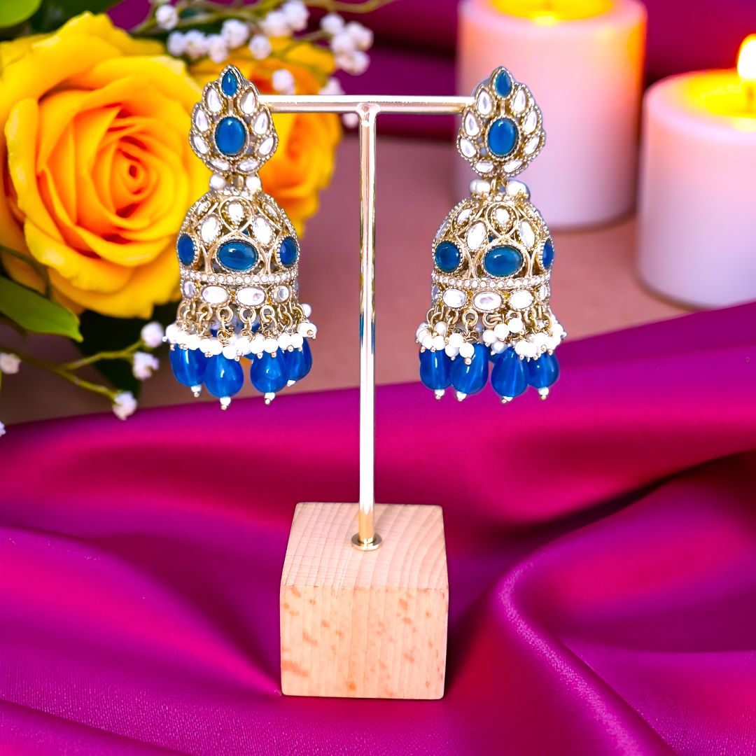Blue Kundan Jhumki Earrings