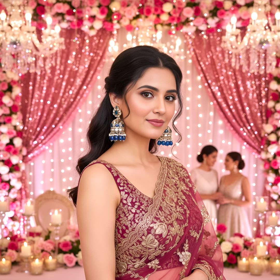 Blue Kundan Jhumki Earrings