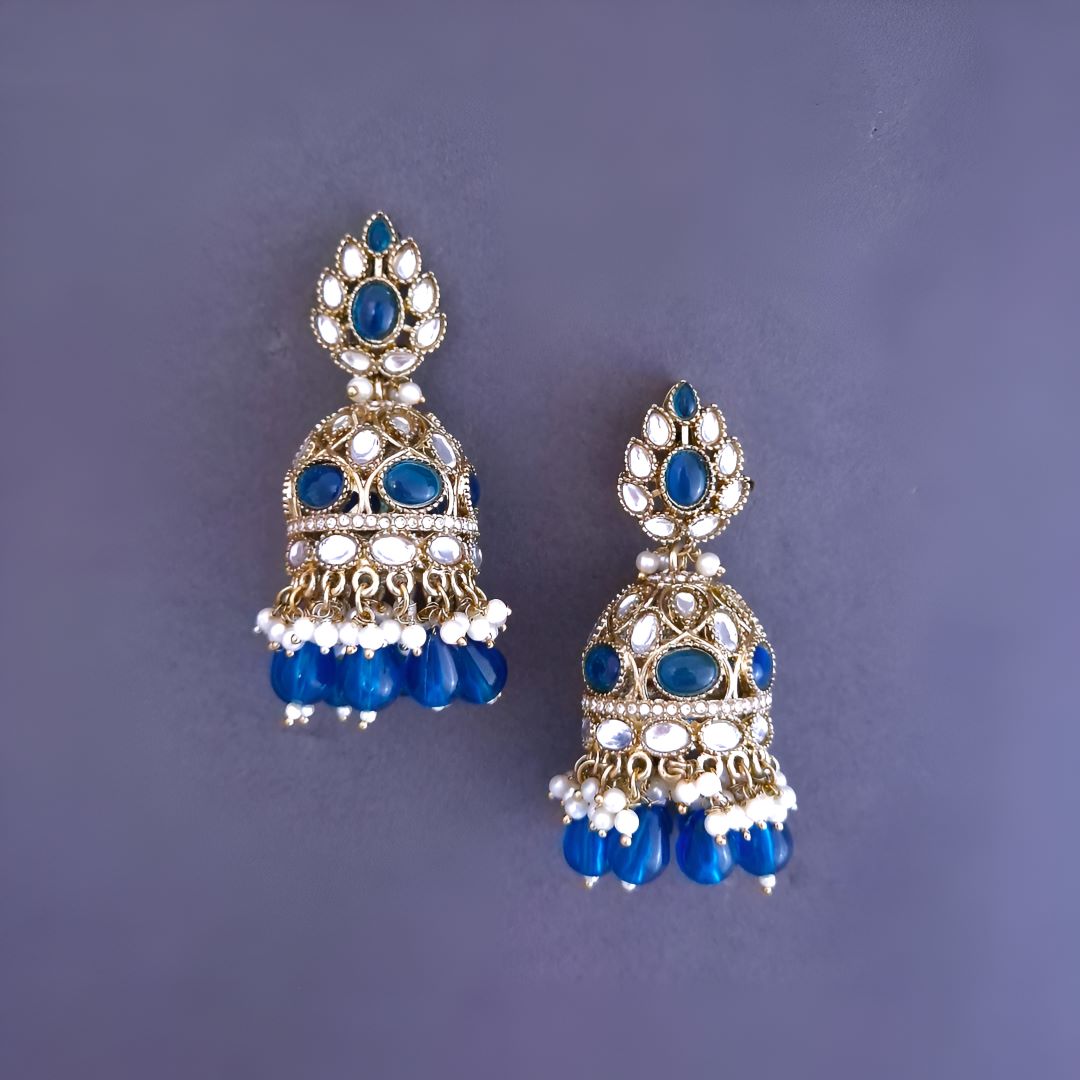 Blue Kundan Jhumki Earrings