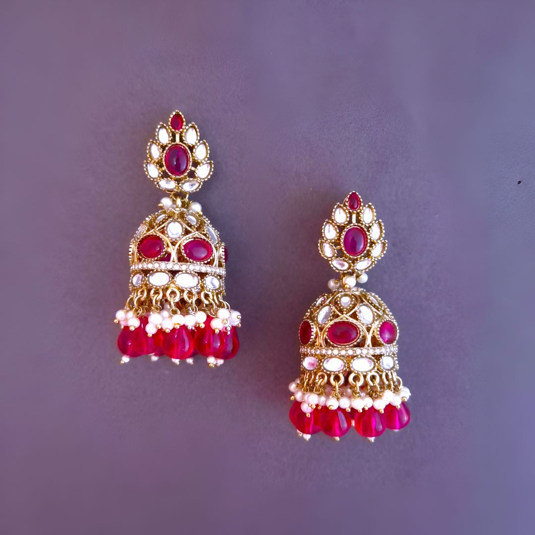 Rani Pink Kundan Jhumki Earrings