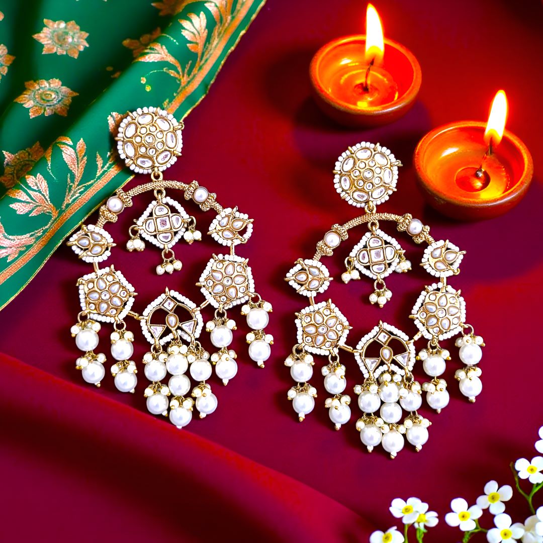 Ivory Kundan Chandbali Earrings, White Earrings