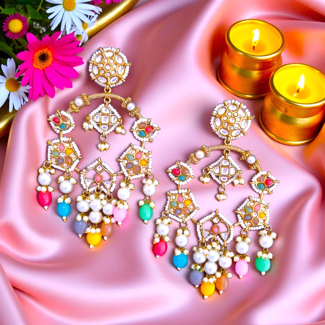 Multicolor Kundan Chandbali Earrings, Pastel Earrings