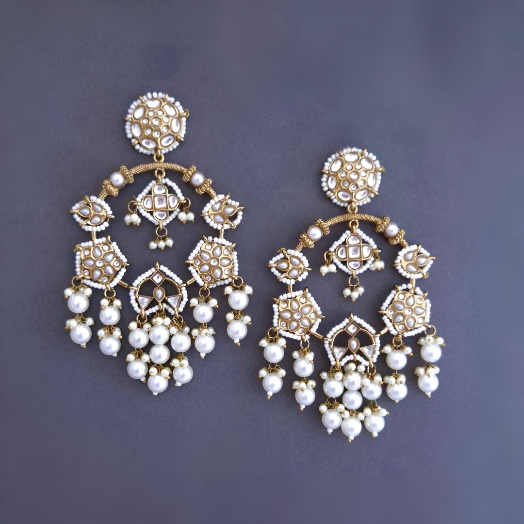 Ivory Kundan Chandbali Earrings, White Earrings