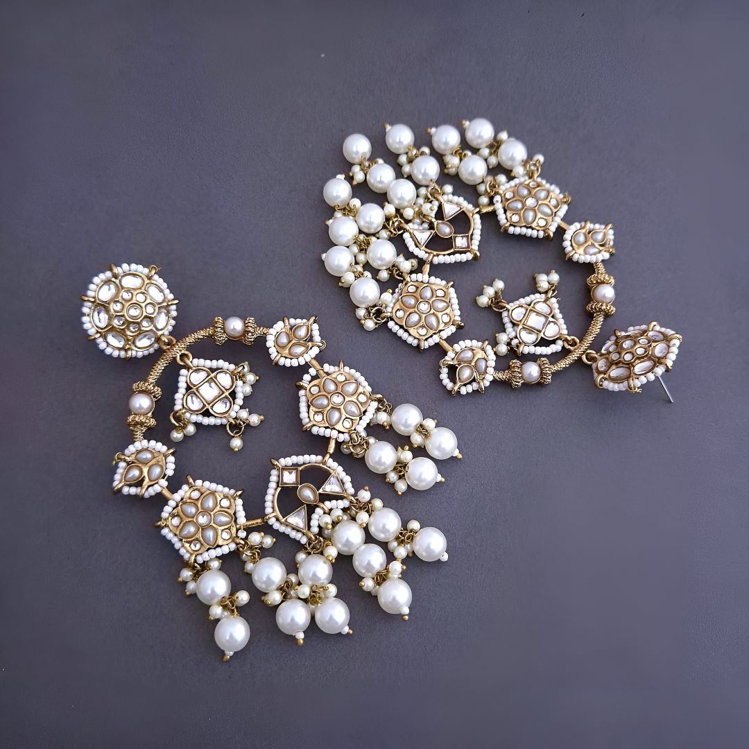 Ivory Kundan Chandbali Earrings, White Earrings