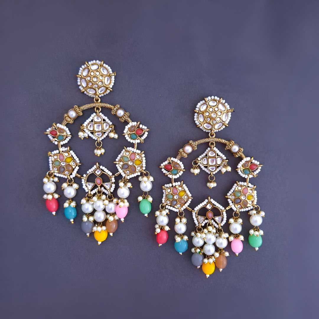 Multicolor Kundan Chandbali Earrings, Pastel Earrings