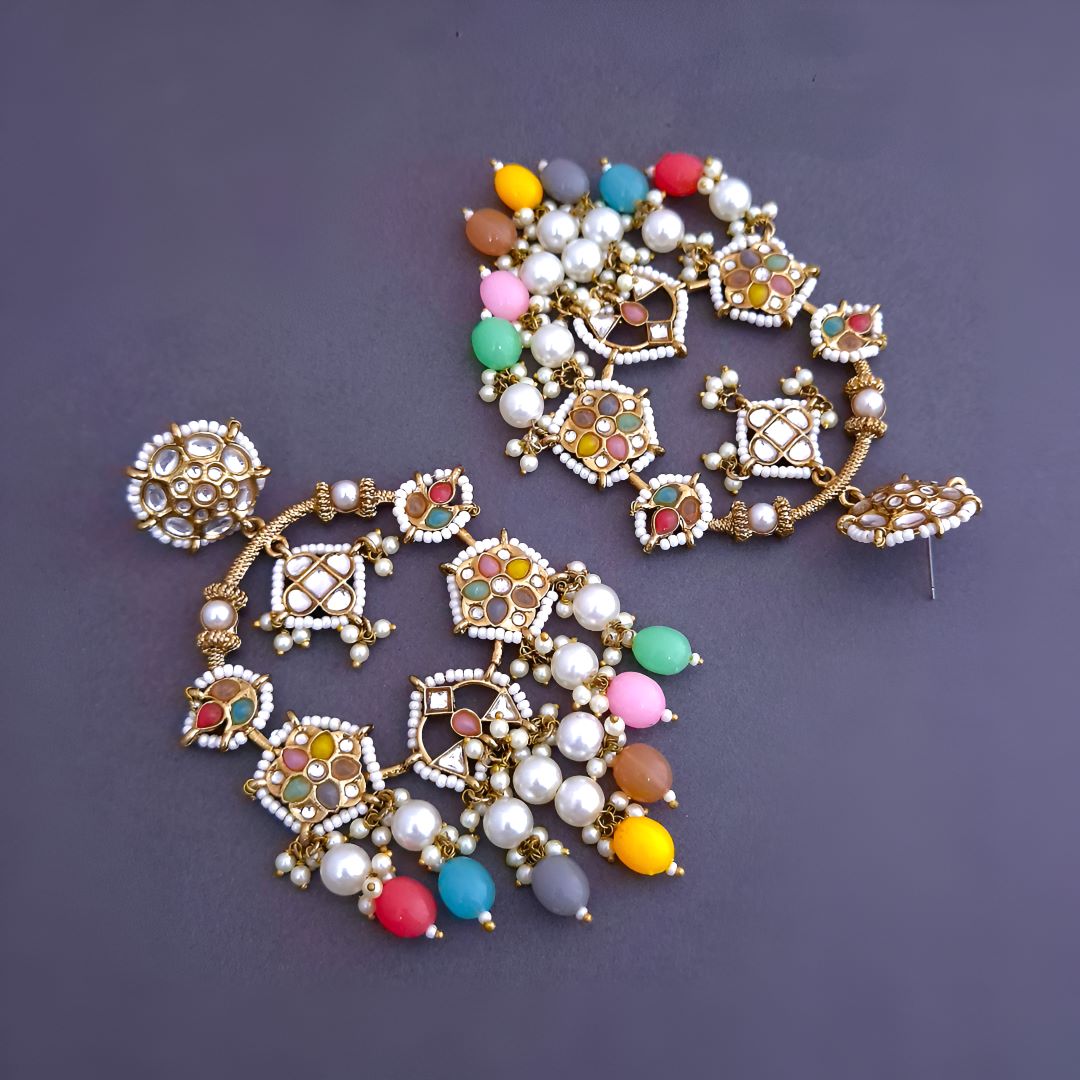 Multicolor Kundan Chandbali Earrings, Pastel Earrings