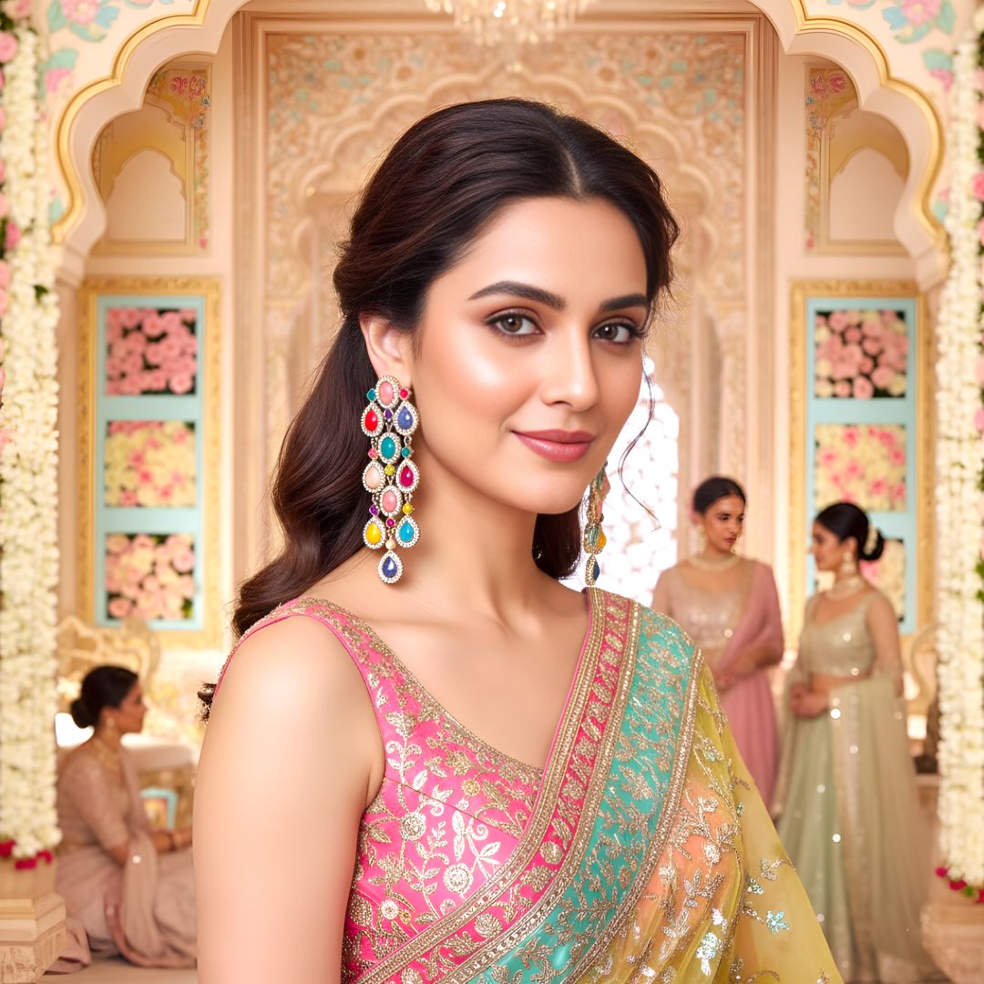 Multicolor Dangler Earrings , Drop Earrings, Rani pink and Green earrings, Kundan Earrings